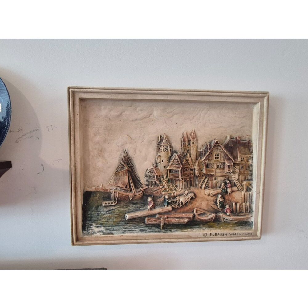 Vintage 3D "Flemis Village" Chalkware Wall Plaque Harbor Scene
